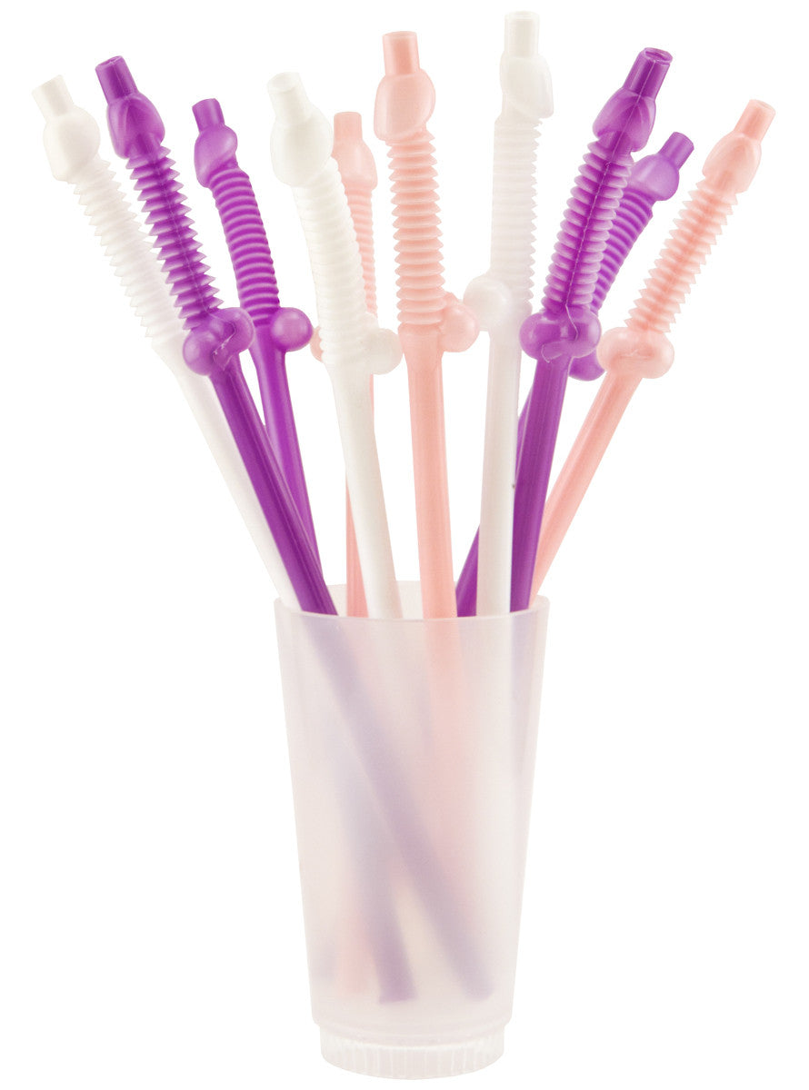 Image of Giant Penis Straws in Pink, Purple and White- 10 Straws