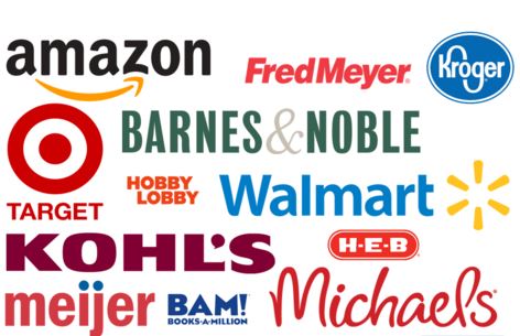 Amazon, Fred Meyer, Kroger, Target, Barnes & Noble, Hobby Lobby, Walmart, Kohls, HEB, Meijer, BAM, Michaels logos