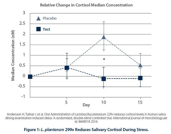 Metagenics Ultra Flora NeuroSupport Figure 1  L. plantarum 299v Reduces Salivary Cortisol During Stress | HealthMasters Metagenics