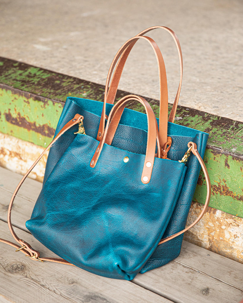 Petrol Blue Bison leather tote and mini tote