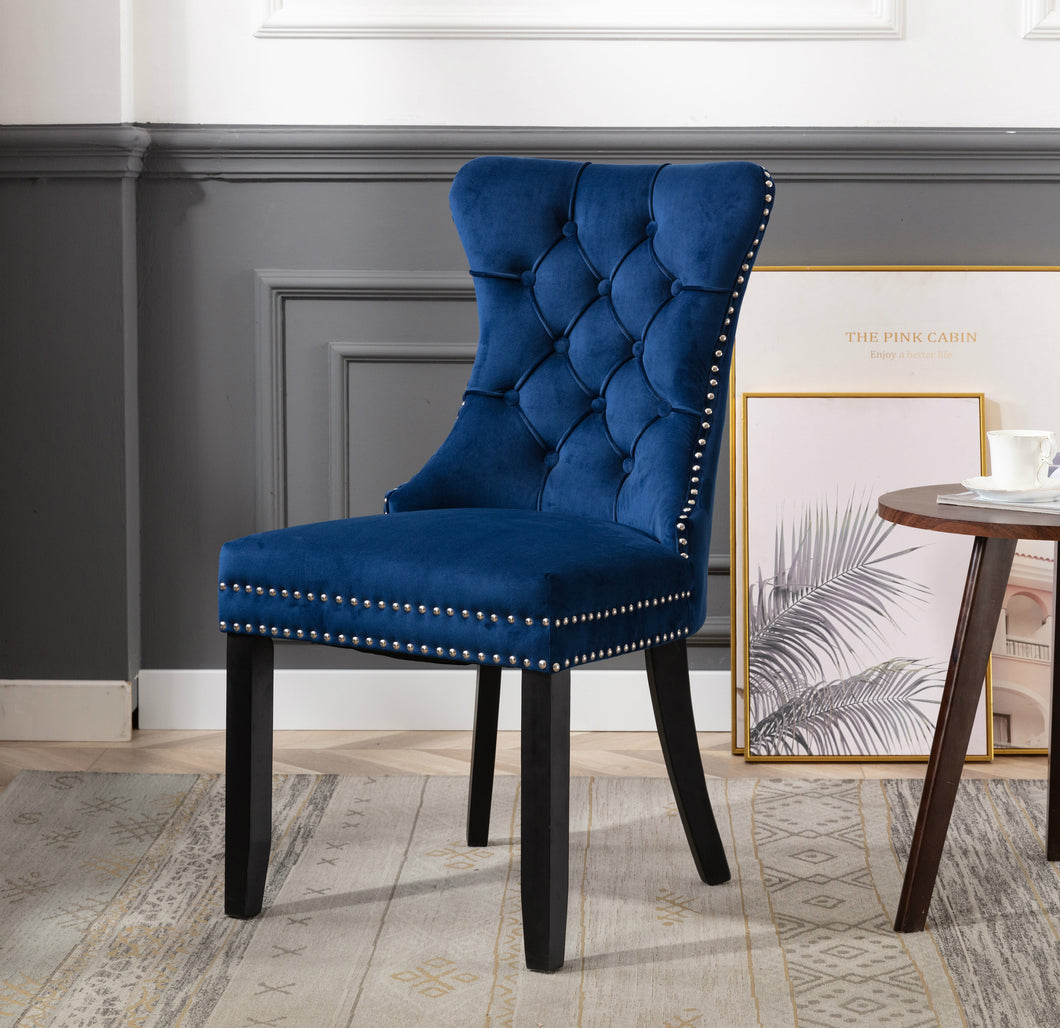 TWO NEW- High Back Velvet Navy Blue Tufted Upholstered Dining Chairs ...