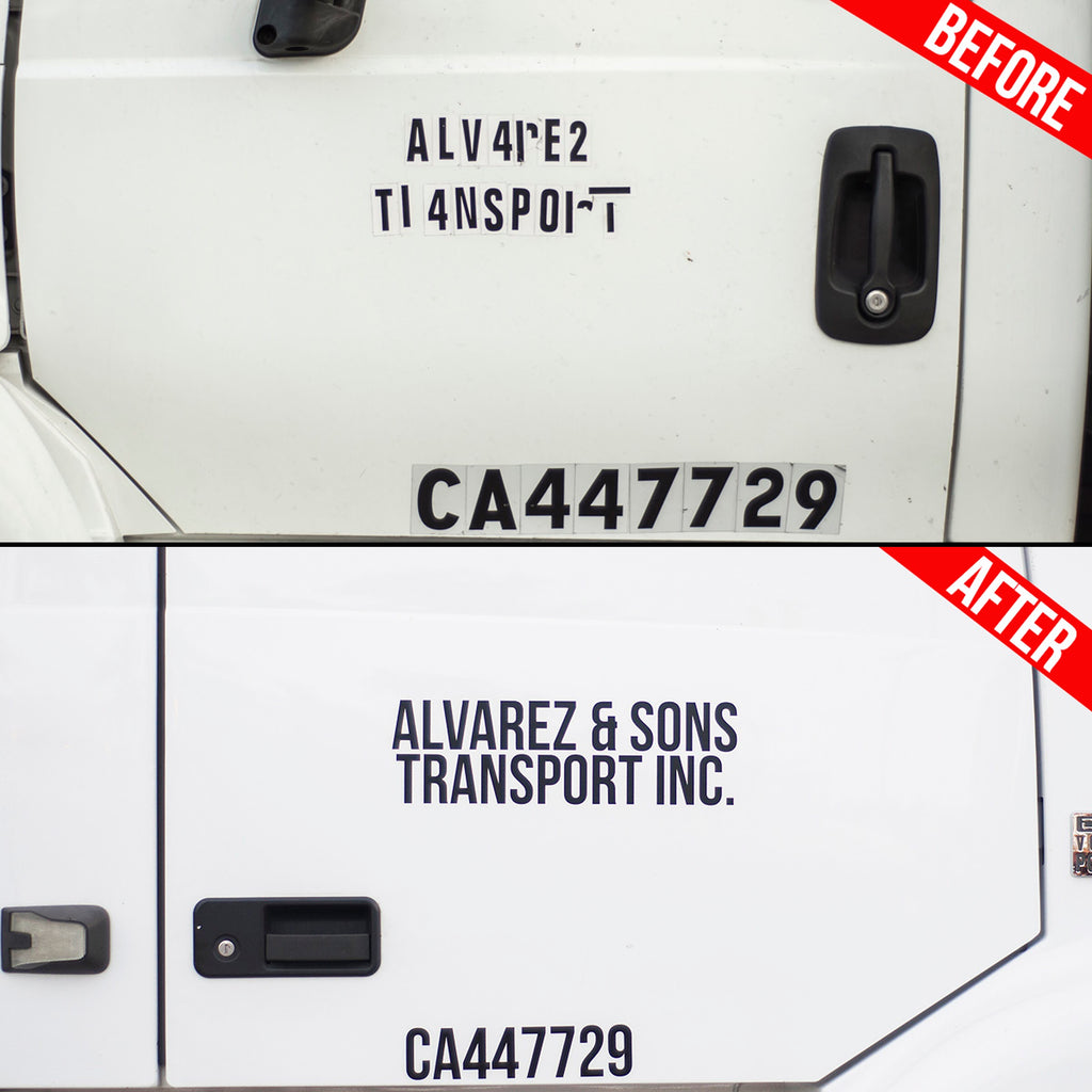 USDOT, CA, Company Name Truck Door Lettering Example Before & After