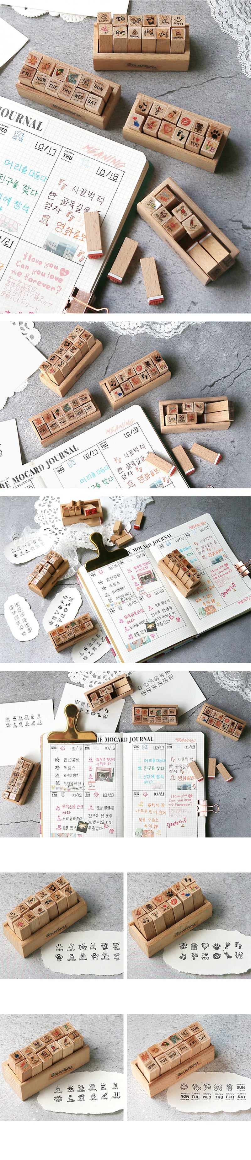 Kawaii Daily Planner Wooden Stamp Set - Detail