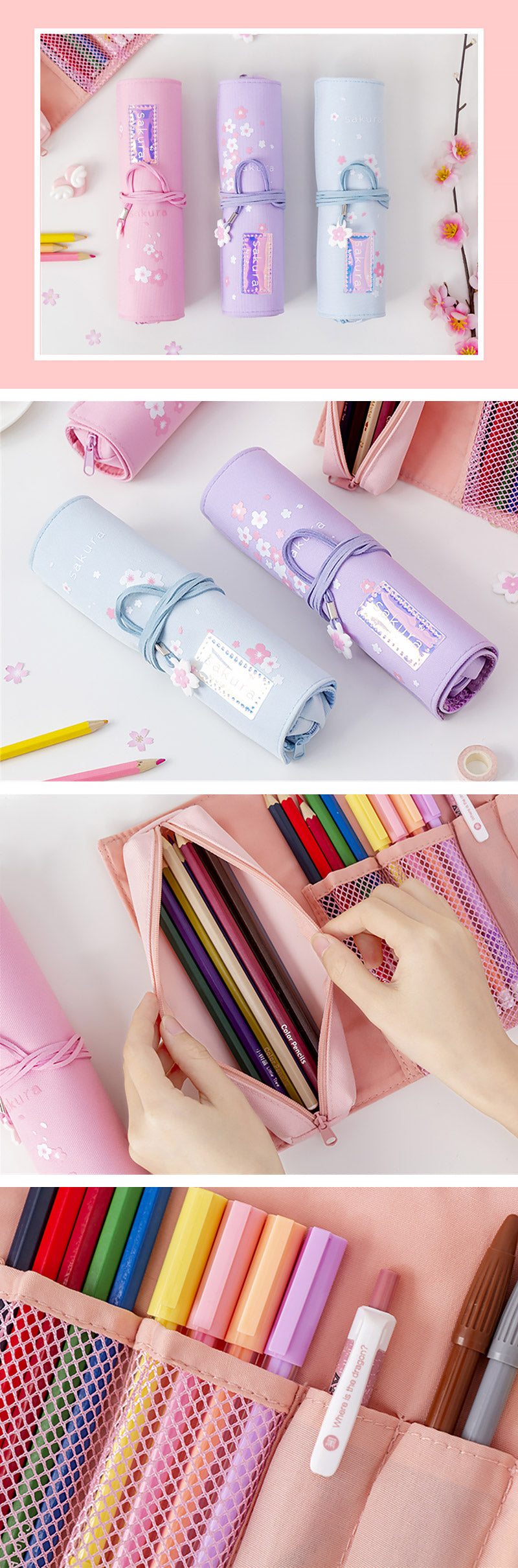 Sakura Holographic Canvas Roll Up Pencil Case - Detail