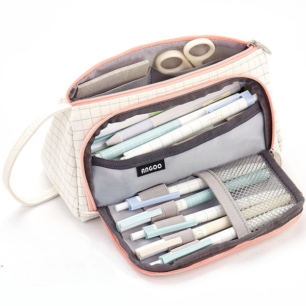 Angoo [Special] Grid Pen Pencil Case, Multi Slot Plaid Storage Bag, Big  Pouch Organizer for Stationery Cosmetic Student A6443