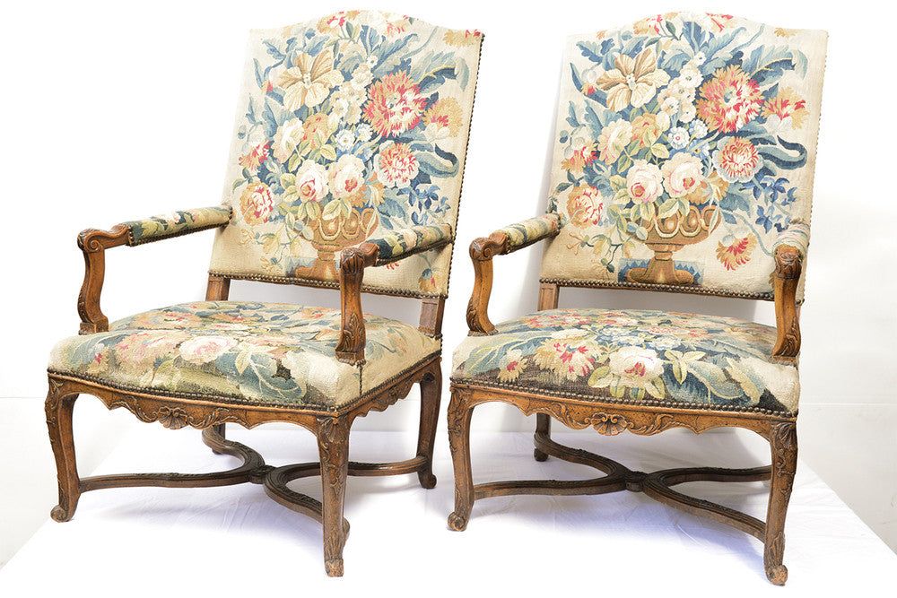 Antique Pair of French Louis XV Style Walnut & Tapestry Salon