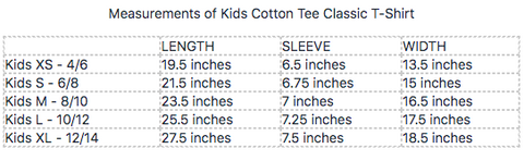 Kids Cotton Tee Size Chart