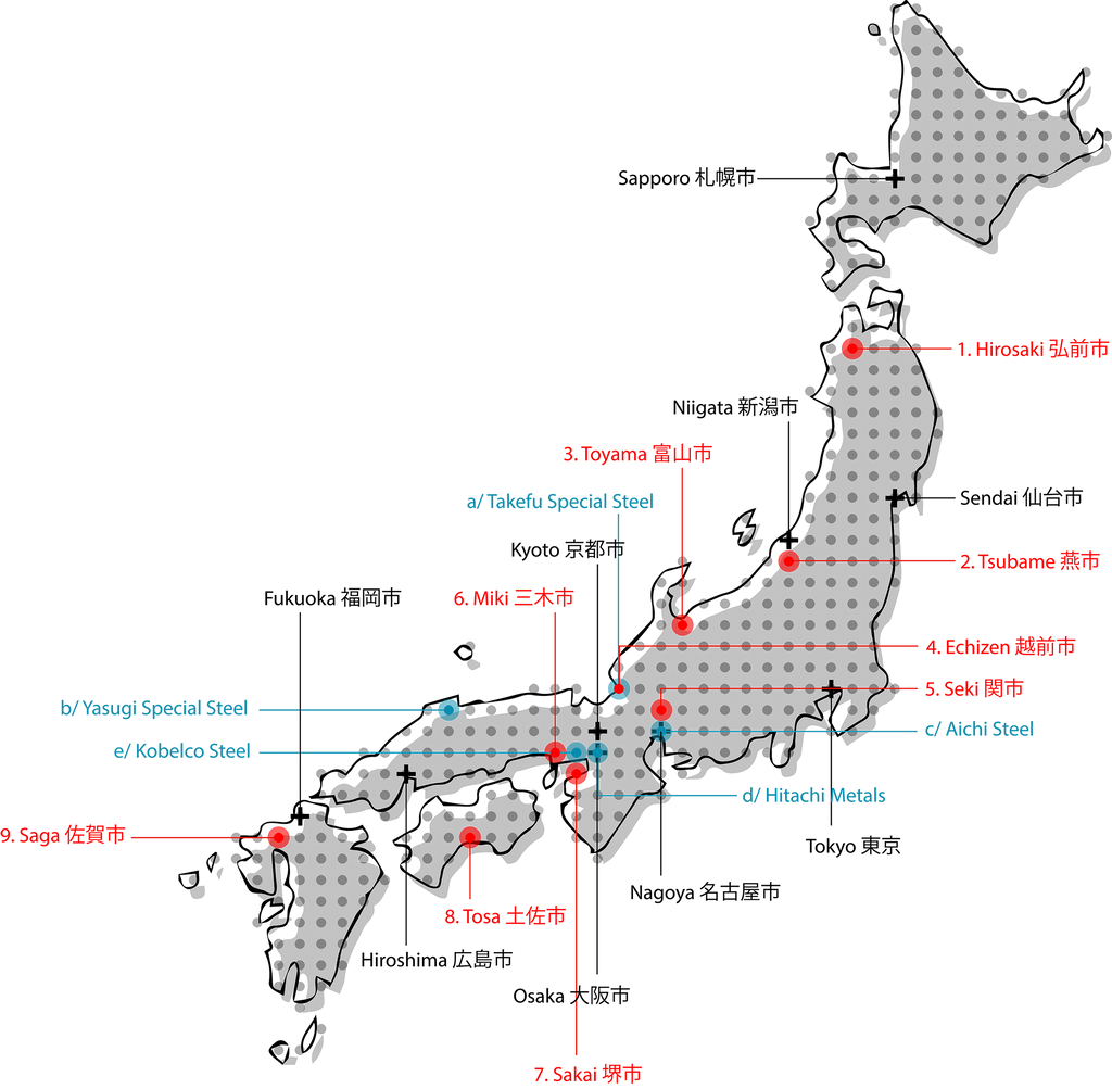 Locations of smithies in Japan