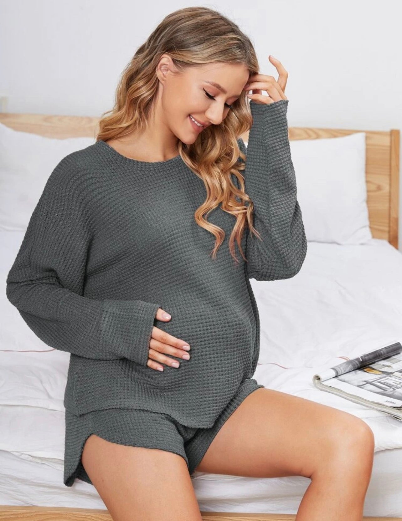 Maternity Waffle Knit Drop Shoulder Set Dark Grey Baby Couture