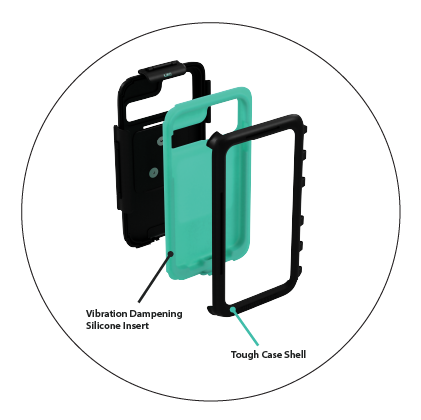 This shows an exploded image where you can see the differnet parts of the case and labelling which section is vibration dampening.