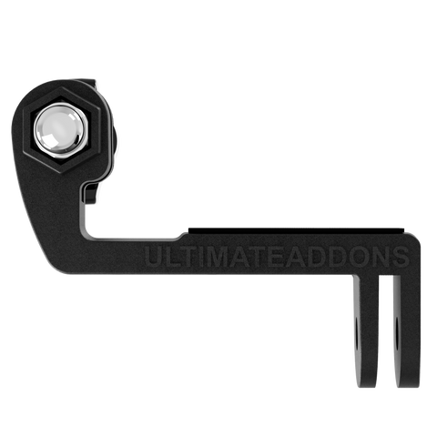 Image from above of a bracket with two pin attachment, Ultimateaddons logo on the side