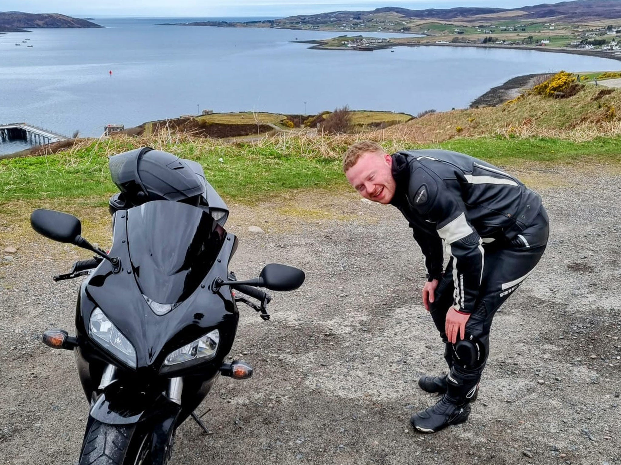 Michael stretching out at Aultbea, a lot of miles to be riding on a Fireblade. 