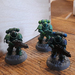 The finished painted models, green space marines