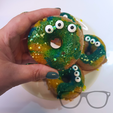 Monster Donuts a sponge based ring donut with green and yellow icing and 3 edible eyes