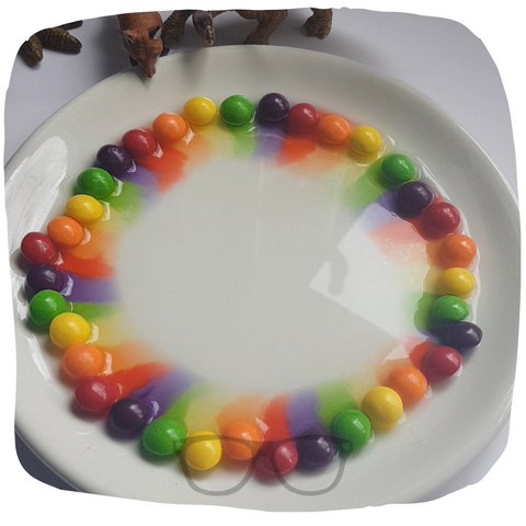 Rainbow candy is now producing a rainbow because of the hot water on the plate