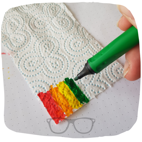 Colour in rainbow colours on the kitchen towel with felt tip pens