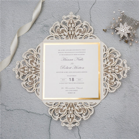 Laser Cut Lace Wedding Invitation With Gold Glitter