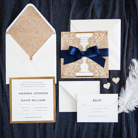 Laser Cut Lace Wedding Invitation With Gold Glitter Navy Blue Ribbon