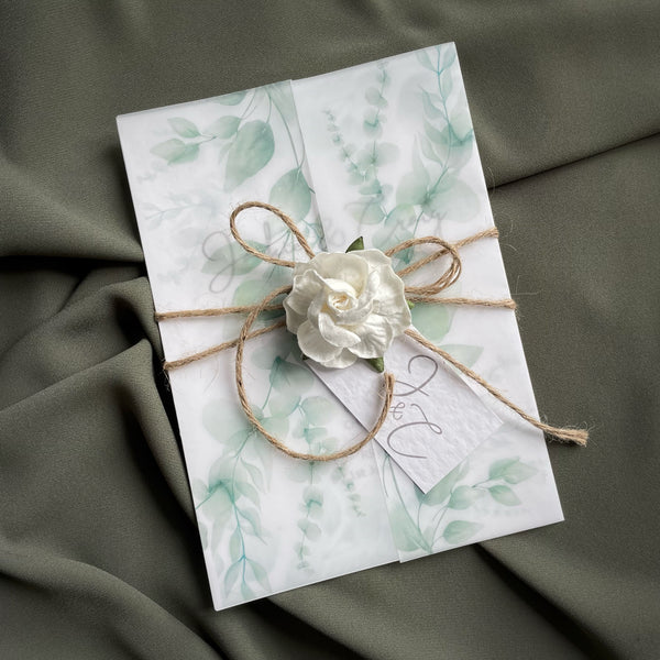Green Eucalyptus Vellum Wrap Wedding Invitation 