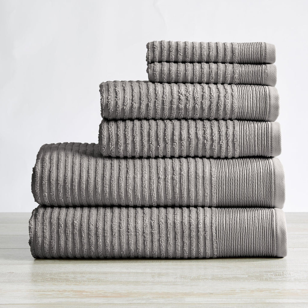 Everplush Hokime Ribbed Towels, Bath Towel Set - 6 Piece, Shitake Grey