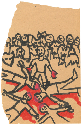 A child's drawing of a red-handed child with adults bloody and dead beneath him.