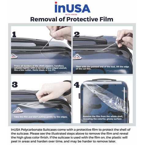 inusa prints luggage collection instructions on how to remove protective film on shell
