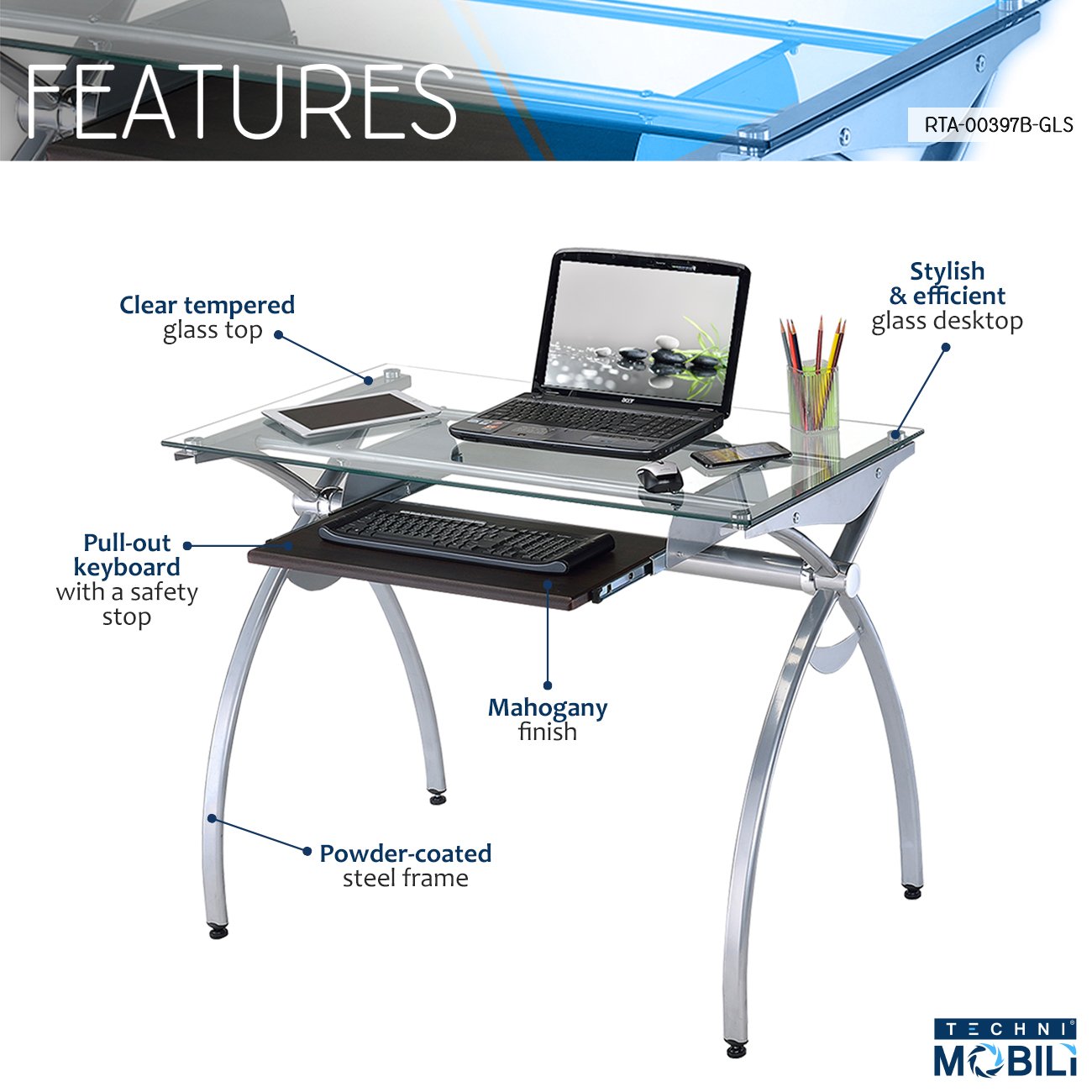 Techni Mobili Contempo Clear Glass Top Computer Desk With Pull Out