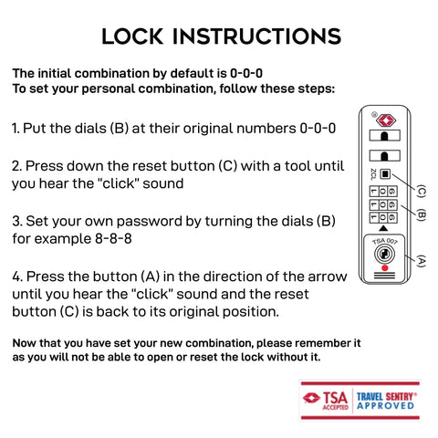 Ally collection TSA lock set up instructions, default combination is 000, follow these four steps 1- put the three dials of the lock in 000 2- press down the reset small button with a pointy tool until you hear the click sound 3- set your own password by turning the dials to your desired three digit combination 4- press the main opening button as if you were opening the lock until you hear the click sound and the reset button is back to its original position. Do not lose your combination as you will not be able to open the lock without it 