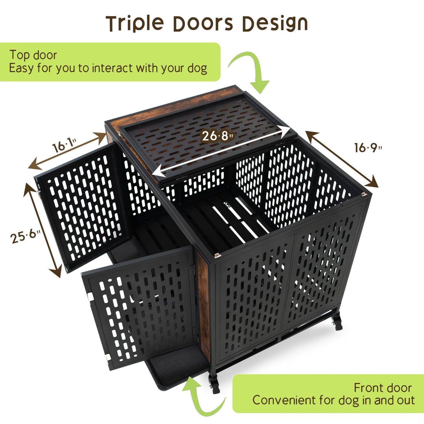 42" Wood Metal Dog Crate Furniture with 4 Wheels and Removable Tray