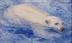 Chilly Churning Water is a miniature oil painting on ivorine of a polar bear by Beverly Abbott