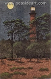 Corolla Moon is a watercolor etching of the Currituck Lighthouse by artist, David Hunter