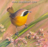 Yellowthroat with Pink Flowers is a pastel and metal leaf by Lori Goll.