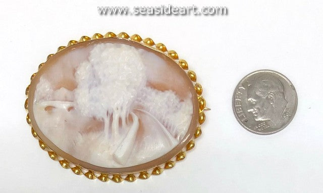 Antique Lady's Shell Cameo Brooch/Pendant-Village Street Scene