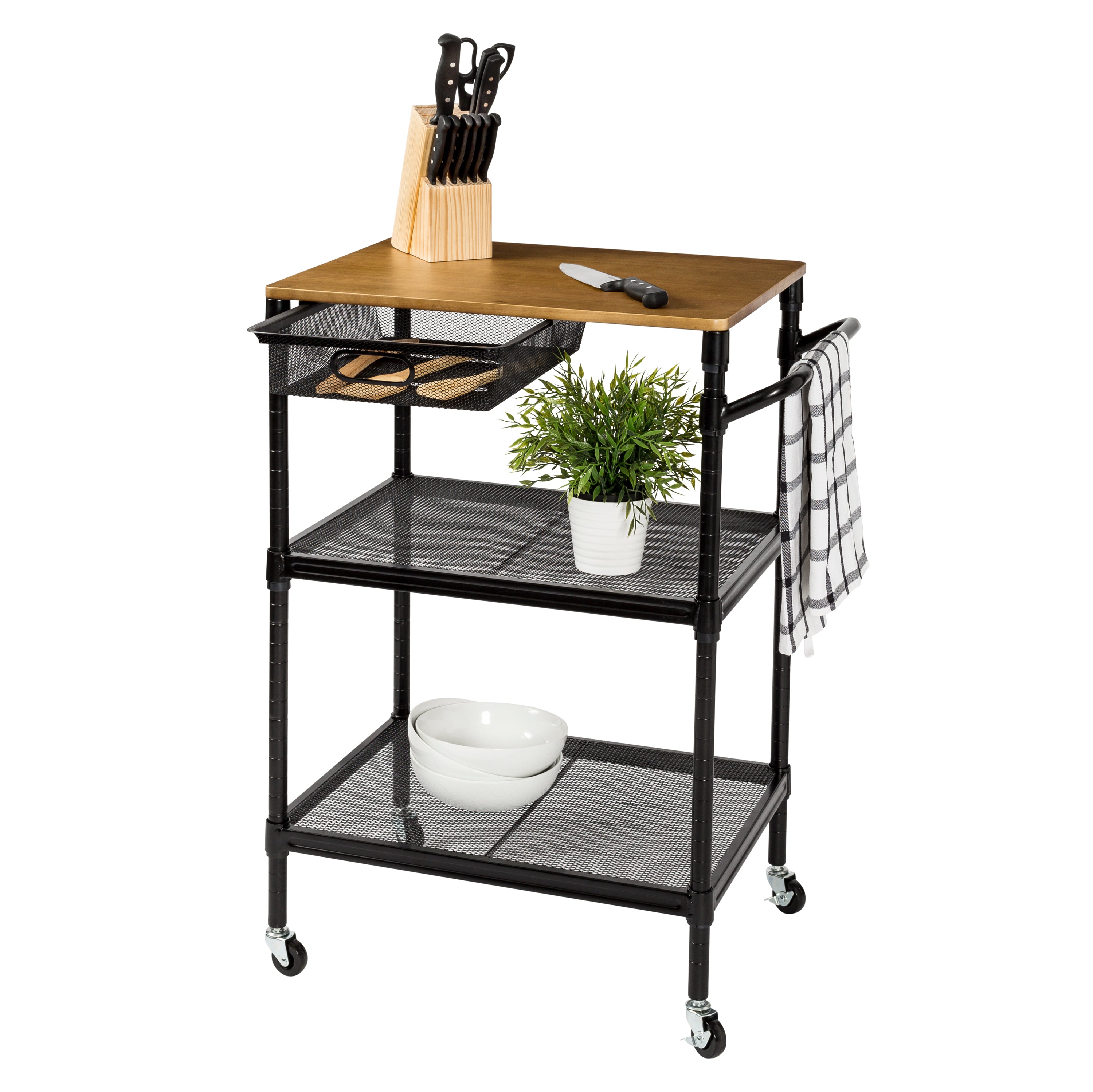 36 Inch Kitchen Storage Cart With Wheels Drawers And Handle Black