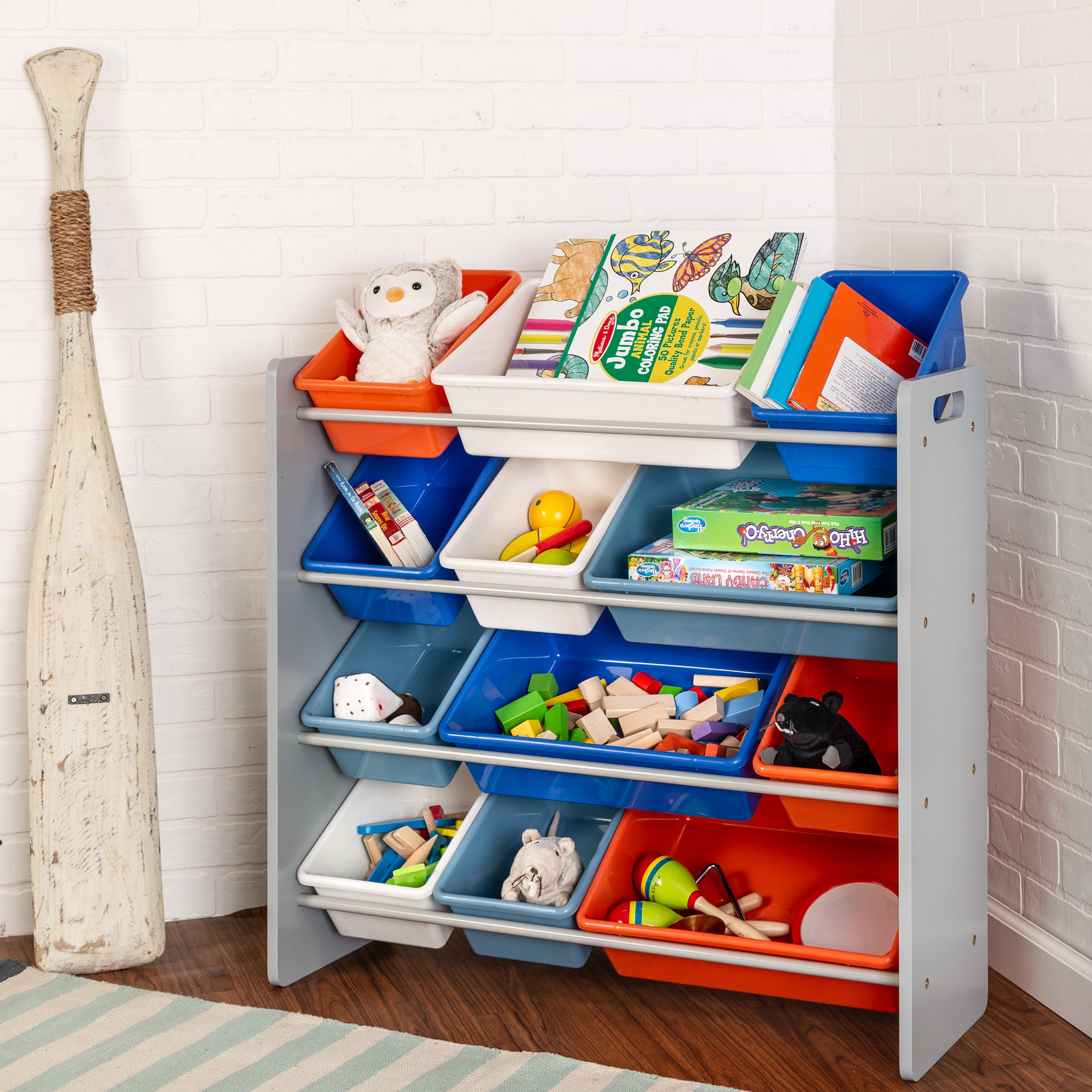 wooden toy storage with plastic bins