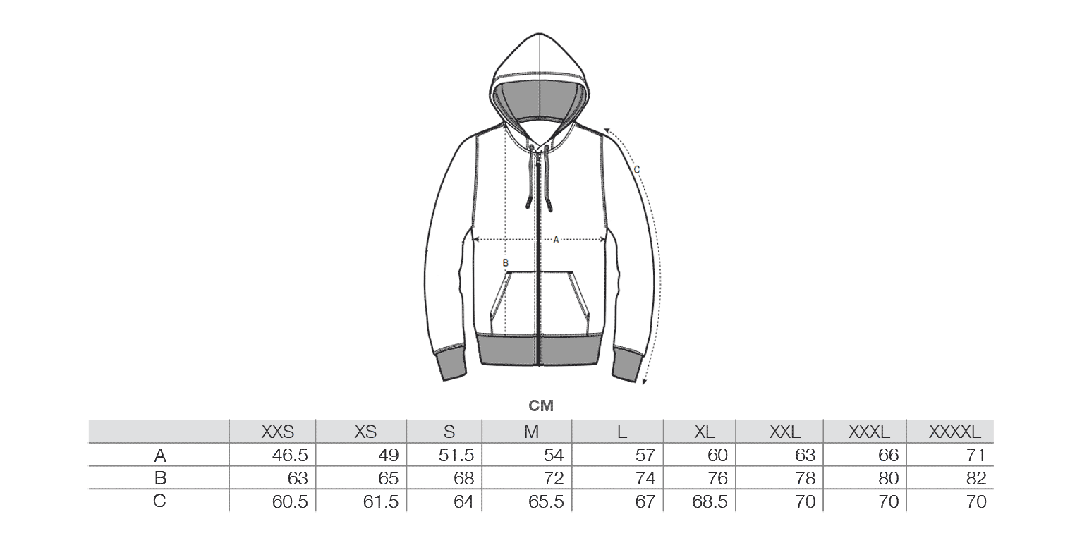 zip hoodie lightweight sizechart