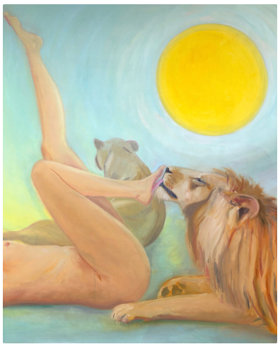 Emi Winter painting called Lion Licking painting of a lion licking the bottom of a naked woman's foot. Another lion sitting with her back turned in background
