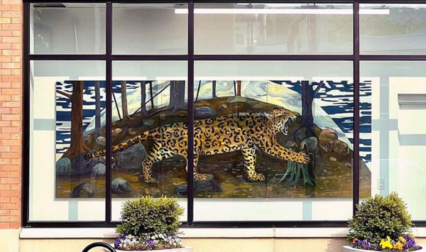 Emi Winter's Jaguar painting at window Unit Gallery