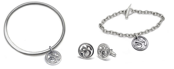 Annika Rutlin jewellery solid silver dragon charm bangle bracelet and cufflinks