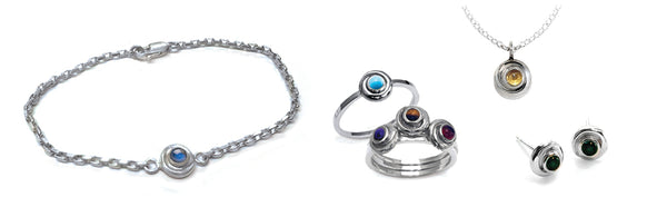 Annika Rutlin Kindred collection jewellery birthstone collection in silver and semi-precious gems