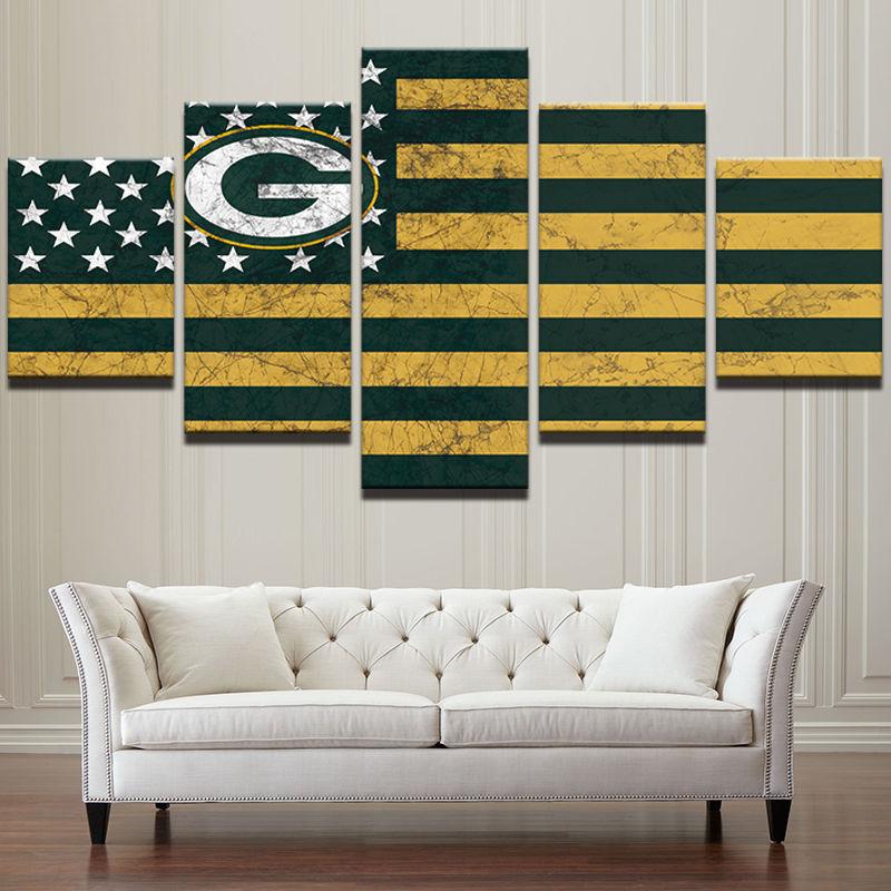 5 Piece Green Bay Packers American Flag Canvas Wall Art Paintings Sale It Make Your Day