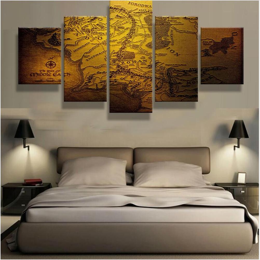 5 Piece Map Of Middle Earth Canvas Wall Art Paintings For