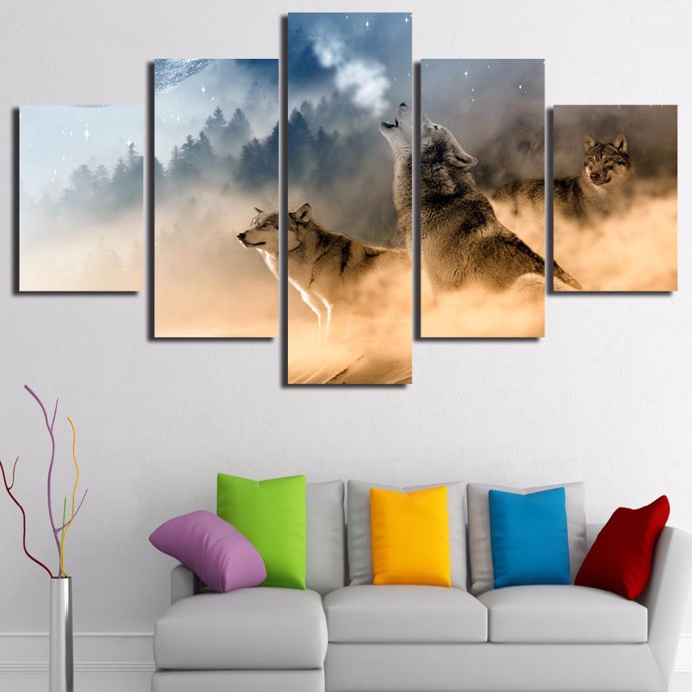 5 Piece Three Wolves In The Mountains Roar Canvas Wall Art Paintings