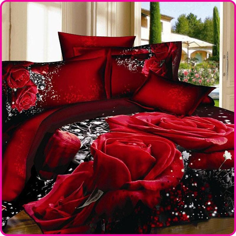 Printed 3d Bed Set Bedding Set Linen Queen Bedclothes Duvet Cover Set Red Black Rose