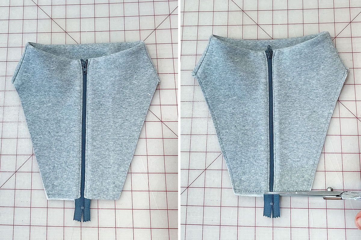 Topstitch yoke zipper and baste