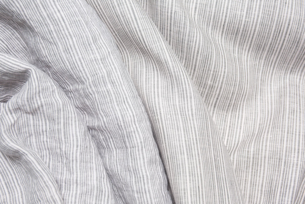 Grey Striped Linen Fabric | Softens when washed.