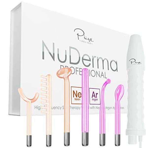 Boost Your Skin With Argon & Neon – The NuDerma Professional skin therapy wand includes a total of 6 beauty wands including 3 all new Argon powered applicators and applicators supercharged with Tungsten for improved effectiveness. Use the natural healing power of Argon and Neon high frequency to boost your overall skin profile Anti Aging – High frequency energy is a safe and 100% natural way of boosting natural skin radiance by oxygenating and energizing the various layers. High Frequency application with our Pro system allows you to deliver targeted skin therapies to turn back the clock; naturally. Better Absorption of Your Beauty Serums and Creams – Your preferred beauty creams and serums are expensive. Ensure you get the most out of them with NuDerma Specialized Applicators for Total Body Sessions- NuDerma Professional features specialized glass applicators like a Y-shaped wand that can conveniently be applied to areas like your arms and neck or a Rod applicator that works with broader areas like cheeks and the forehead. A supercharged comb wand is perfect to energize the scalp and hair. Whats Included – 1 NuDerma Professional High Frequency Handle Neon powered mushroom wand Neon powered Y-shape wand Neon powered comb wand with Tungsten Argon powered tongue wand Argon powered bent wand Argon powered rod wand with Tungsten quick-start treatment guides instruction and support contact manual.