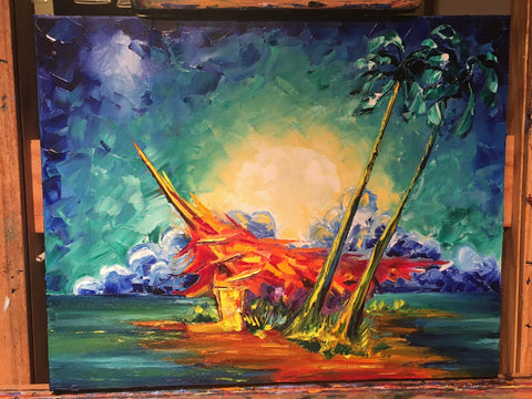 Dick Van Dyke Tiki art Process - add foliage and glow in the sky