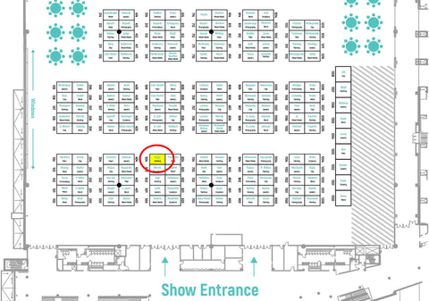 Simple map of ArtFest Midwest art show booth layout with Nelson Makes Art painting booth highlighted and circled