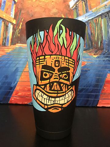 Las Vegas Nightclub and Bar Show custom tiki style cocktail shaker with bright retro colors and graphic style on a black background